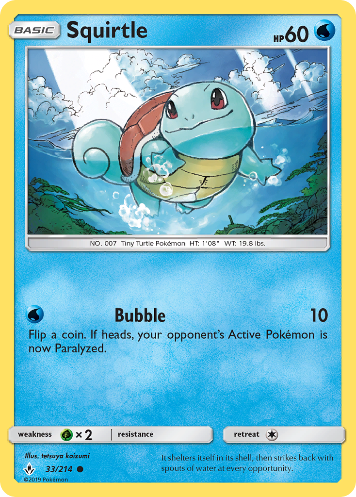 Front design of the Squirtle Pokemon Card, with the stats and info around the edge