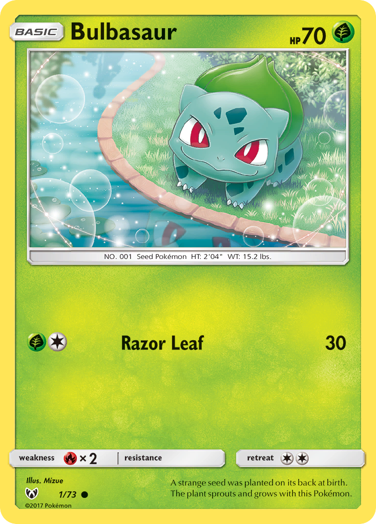 Front design of the Bulbasaur Pokemon Card, with the stats and info around the edge